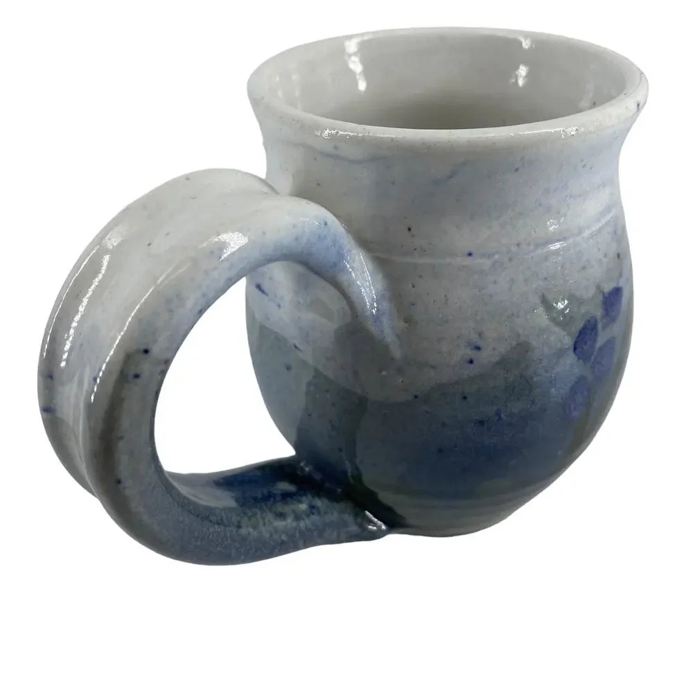 Pottery Mug Blue Signed Rustic Floral Design Coffee Tea Cup Ombre Studio Art